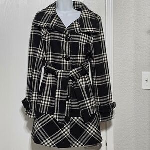 Vintage Express Wool Blend Peacoat Coat Belted Black White Plaid  Size S